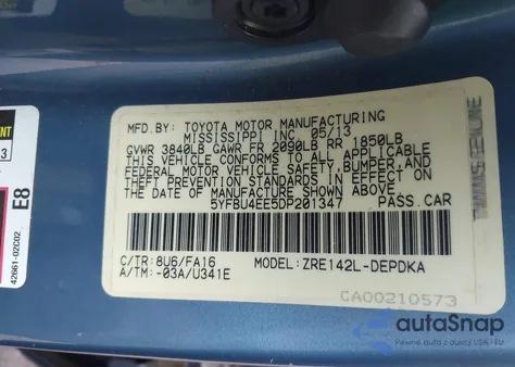 2013 Toyota Corolla L from USA, damaged, VIN 5YFBU4EE5DP201347